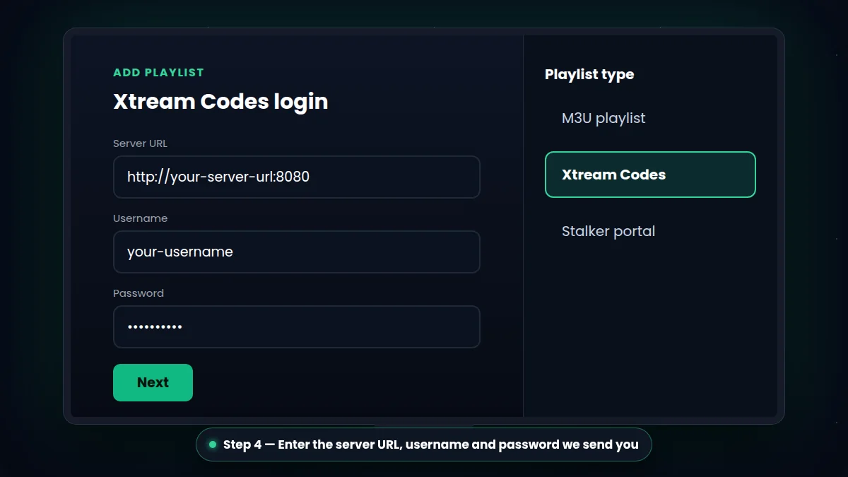 Illustration: IPTV on Android – Xtream Codes login screen with server URL, username and password
