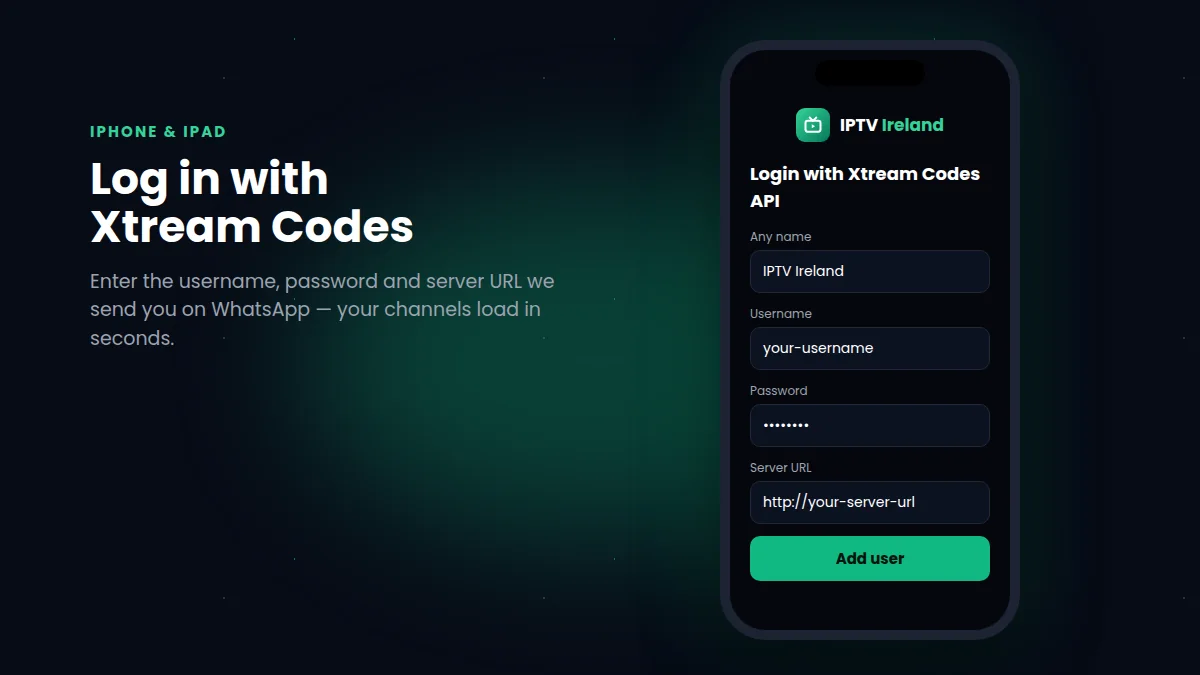 Illustration: IPTV on iPhone – Login with Xtream Codes API screen in an IPTV player app
