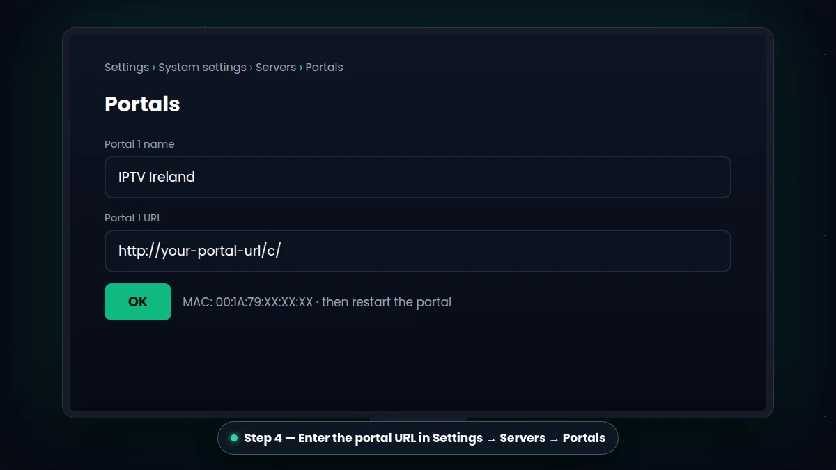 Illustration: IPTV on MAG box setup – Portal 1 name and Portal 1 URL in Settings › Servers › Portals